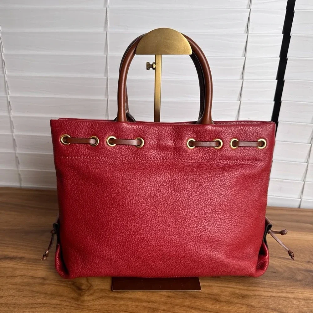 Dooney & Bourke Wakefield Tassel Tote Bag Red Brown Trim Pebble Leather